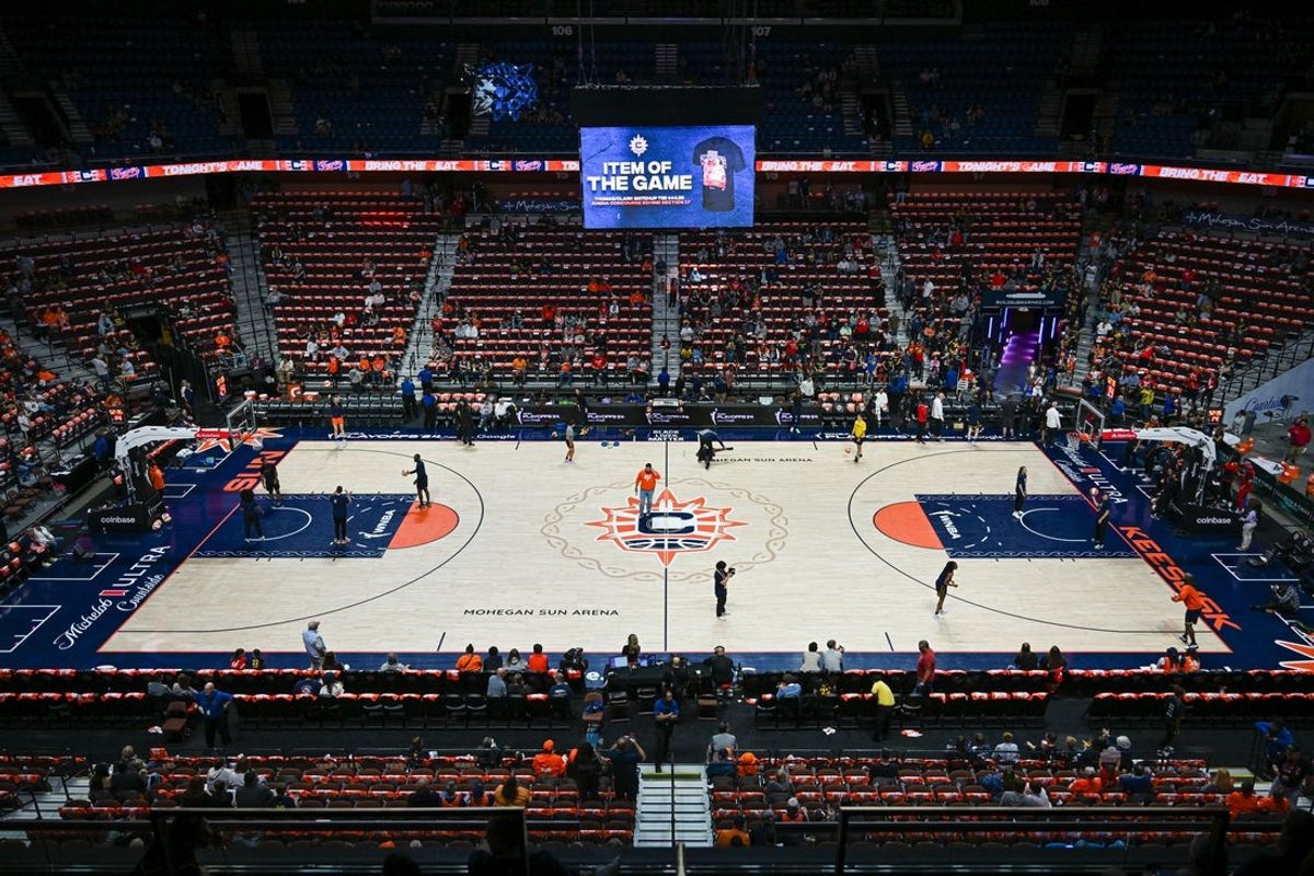 Sep 22, 2024; Uncasville, Connecticut, USA; General view of the court before game one of the first round of the 2024 WNBA Playoffs at Mohegan Sun Arena. Mandatory Credit: Mark Smith-Imagn Images