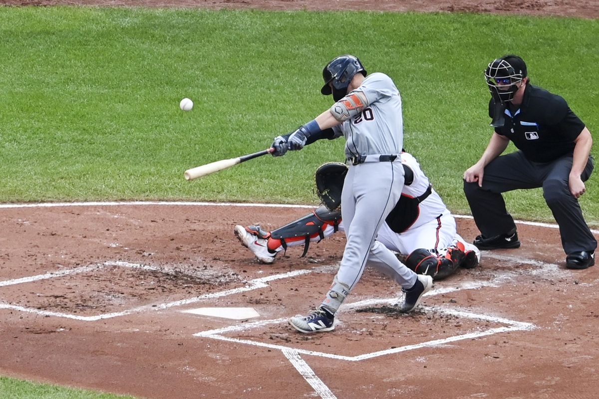 Sep 22, 2024; Baltimore, Maryland, USA;  Detroit Tigers first baseman Spencer Torkelson (20) hits a solo homerun against the Baltimore Orioles during the second inning  at Oriole Park at Camden Yards. Mandatory Credit: Tommy Gilligan-Imagn Images