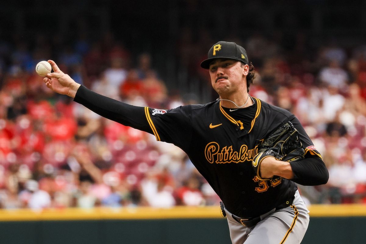 Sep 22, 2024; Cincinnati, Ohio, USA; Pittsburgh Pirates starting pitcher Paul Skenes (30) pitches against the Cincinnati Reds in the third inning at Great American Ball Park. Mandatory Credit: Katie Stratman-Imagn Images