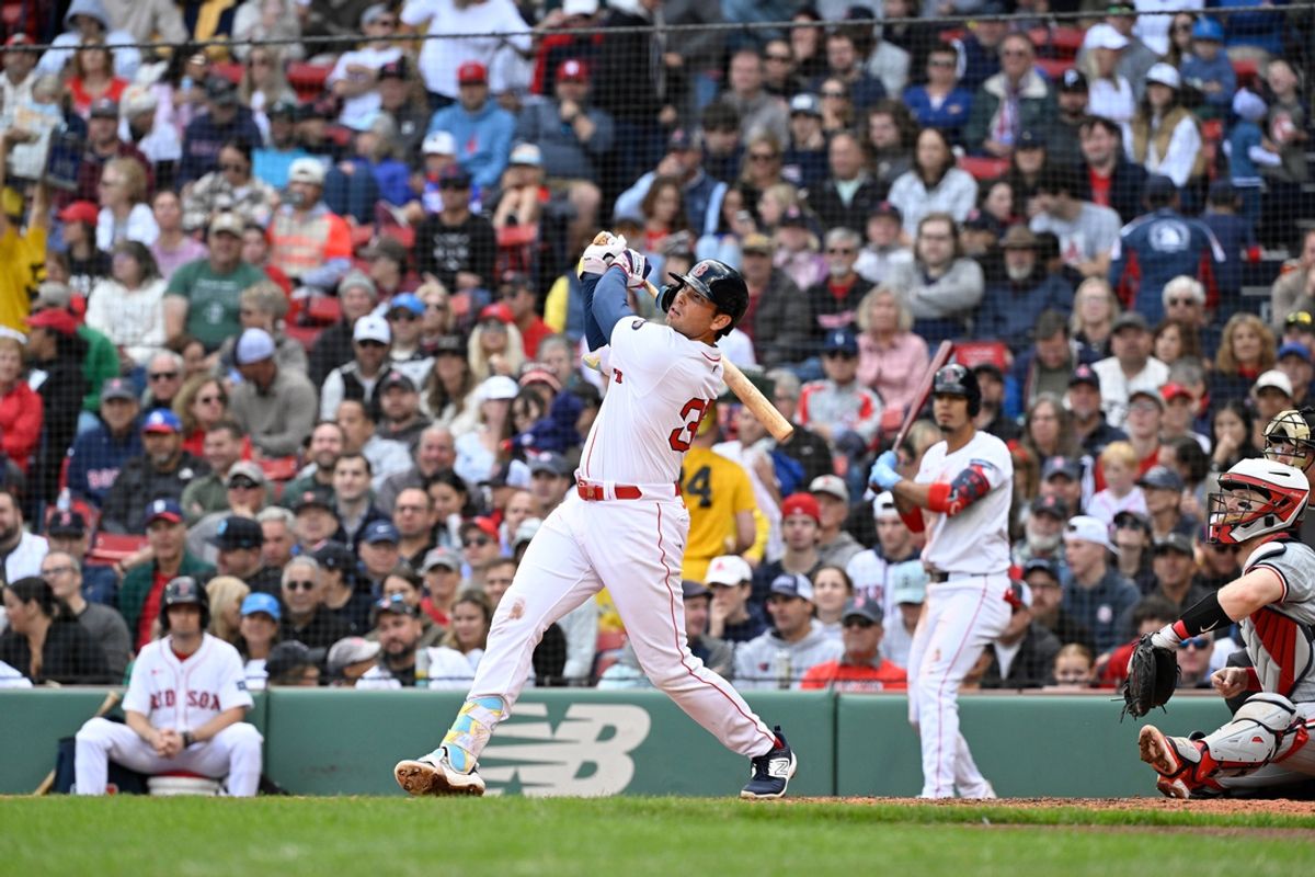 Sep 22, 2024; Boston, Massachusetts, USA; Boston Red Sox first baseman Triston Casas (36) hits a home run against the Minnesota Twins during the fifth inning at Fenway Park. Mandatory Credit: Eric Canha-Imagn Images