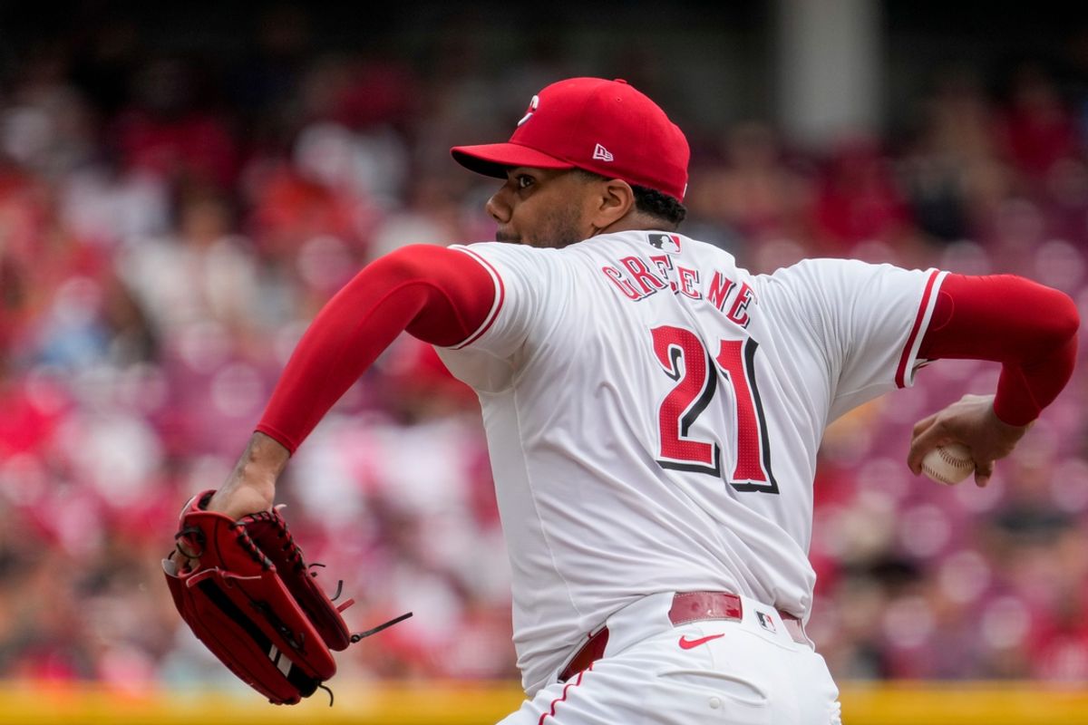 Cincinnati Reds pitcher Hunter Greene (21) throws a pitch in the second inning of the game between the Cincinnati Reds and the Pittsburgh Pirates at Great American Ball Park in downtown Cincinnati on Sunday, Sept. 22, 2024. The Pirates led 1-0 after four innings.