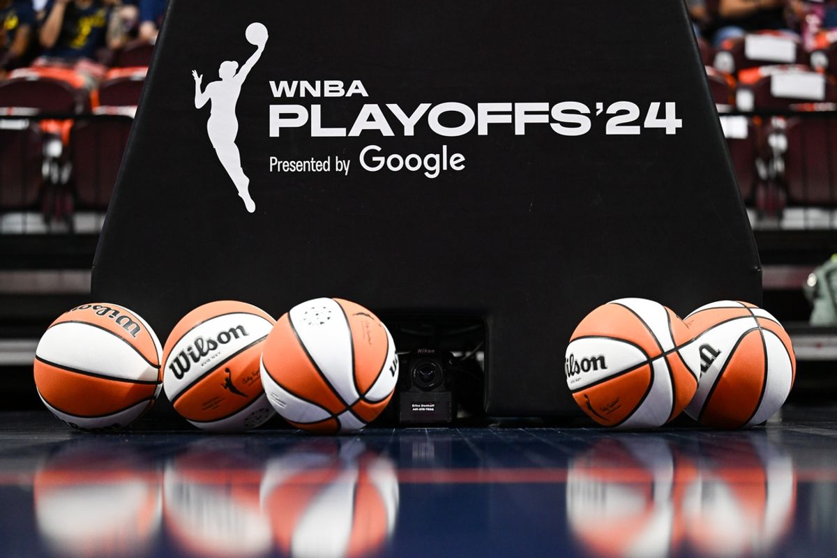 Sep 22, 2024; Uncasville, Connecticut, USA; General view of basketballs before game one of the first round of the 2024 WNBA Playoffs at Mohegan Sun Arena. Mandatory Credit: Mark Smith-Imagn Images