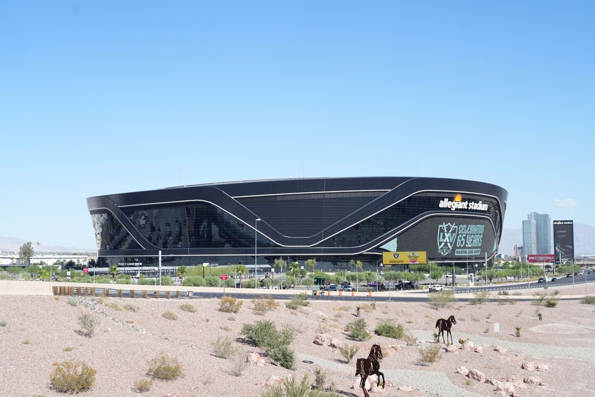 Sep 22, 2024; Paradise, Nevada, USA; A general view of Allegiant Stadium with the Las Vegas Raiders 65th anniversary season logo on the facade. Mandatory Credit: Kirby Lee-Imagn Images