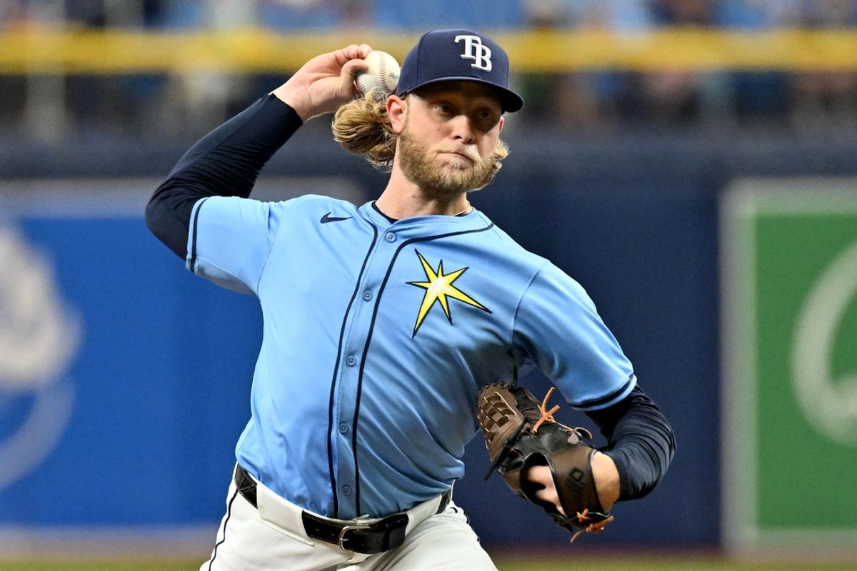 Sep 22, 2024; St. Petersburg, Florida, USA; Tampa Bay Rays starting pitcher Shane Baz (11) throws a pitch in the first inning against the Toronto Blue Jays at Tropicana Field. Mandatory Credit: Jonathan Dyer-Imagn Images