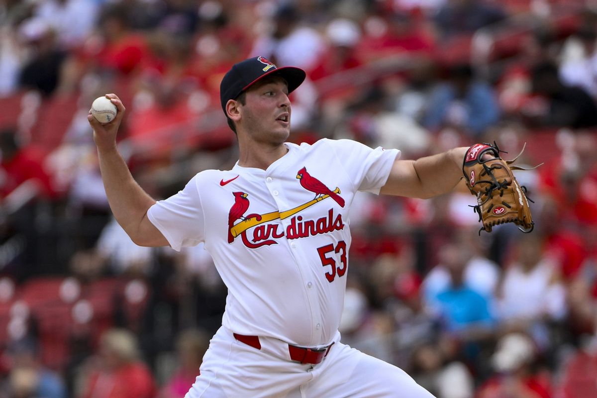 Sep 22, 2024; St. Louis, Missouri, USA;  St. Louis Cardinals starting pitcher Andre Pallante (53) pitches against the Cleveland Guardians during the second inning at Busch Stadium. Mandatory Credit: Jeff Curry-Imagn Images