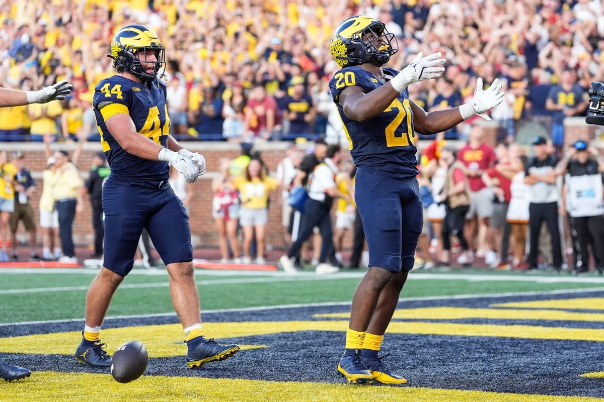Michigan running back Kalel Mullings celebrates a go-ahead 1-yard touchdown against USC with 37 seconds left in the fourth quarter at Michigan Stadium in Ann Arbor on Saturday, Sept. 21, 2024. Michigan won, 27-24.