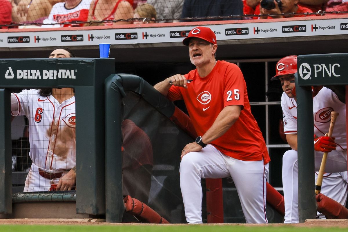 Sep 22, 2024; Cincinnati, Ohio, USA; Cincinnati Reds manager David Bell (25) reacts after a play in the ninth inning against the Pittsburgh Pirates at Great American Ball Park. Mandatory Credit: Katie Stratman-Imagn Images