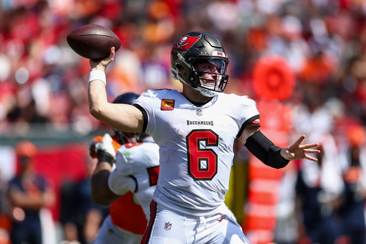 Sep 22, 2024; Tampa, Florida, USA; Tampa Bay Buccaneers quarterback Baker Mayfield (6) throws a pass against the Denver Broncos in the fourth quarter at Raymond James Stadium. Mandatory Credit: Nathan Ray Seebeck-Imagn Images