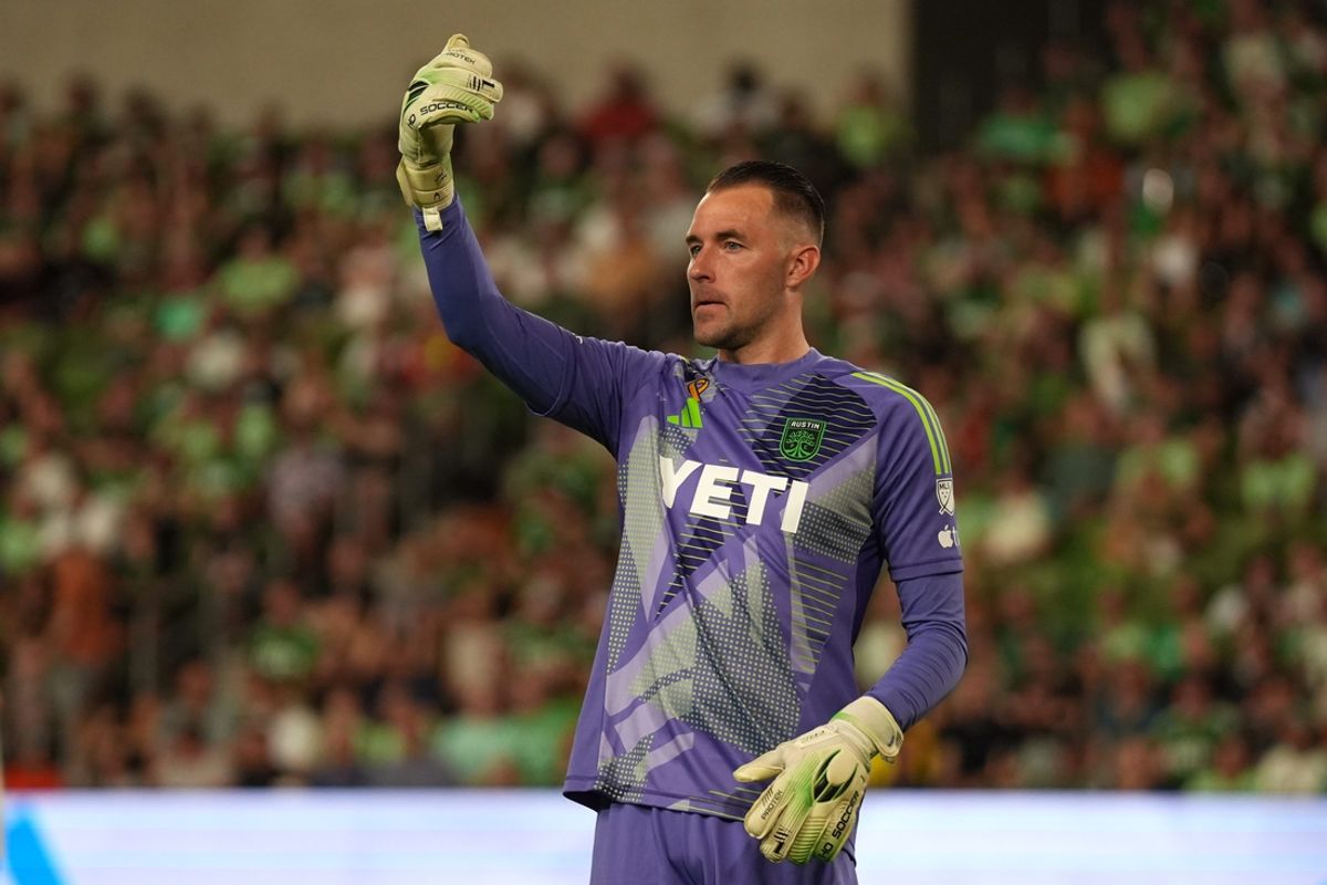 Sep 21, 2024; Austin, Texas, USA; Austin FC goalkeeper Brad Stuver (1) looks on in the first half against Houston Dynamo FC at Q2 Stadium. Mandatory Credit: Aaron E. Martinez-USA TODAY Network via Imagn Images