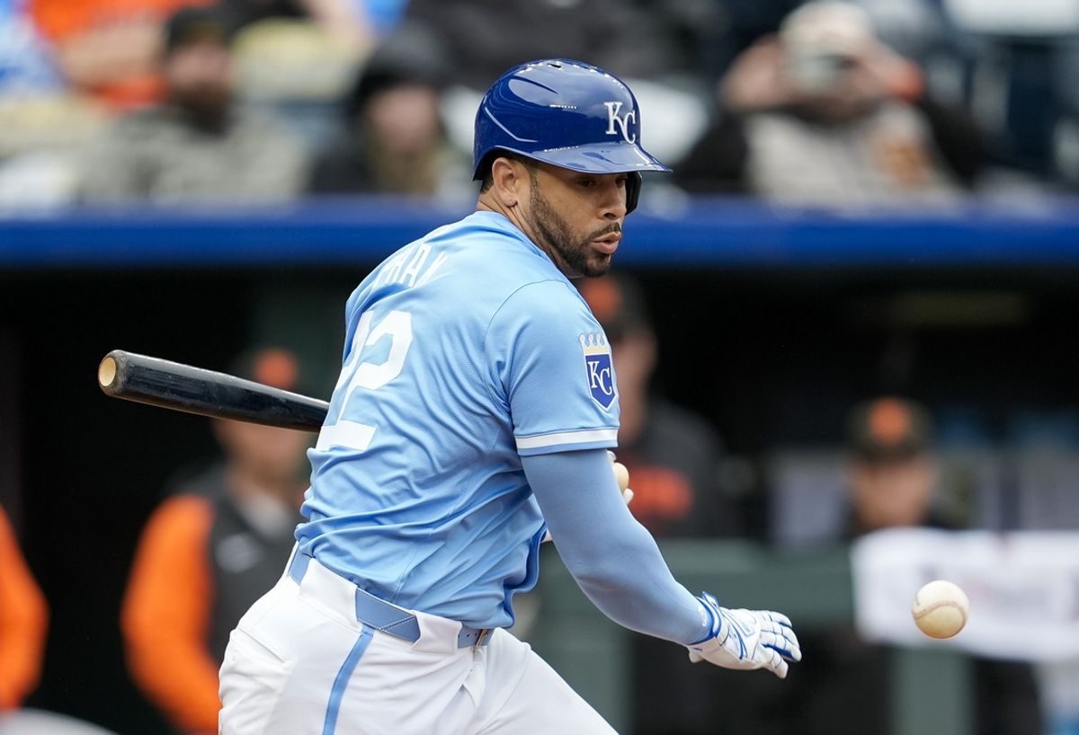 Sep 22, 2024; Kansas City, Missouri, USA; Kansas City Royals left fielder Tommy Pham (22) watches after hitting a short ground out during the eighth inning against the San Francisco Giants at Kauffman Stadium. Mandatory Credit: Jay Biggerstaff-Imagn Images