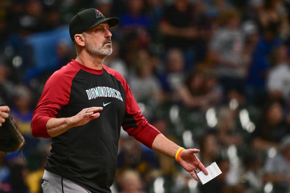 Sep 22, 2024; Milwaukee, Wisconsin, USA; Arizona Diamondbacks manager Torey Lovullo makes a pitching change in the fifth inning against the Milwaukee Brewers at American Family Field. Mandatory Credit: Benny Sieu-Imagn Images