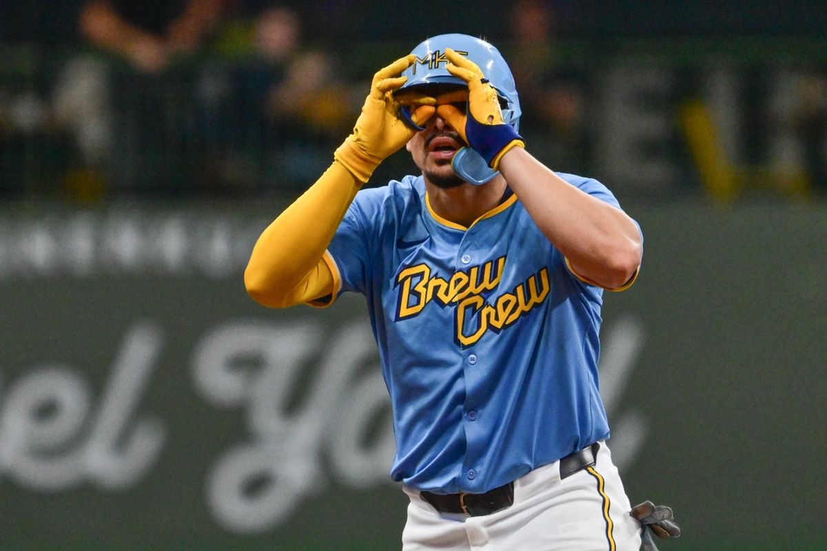 Sep 22, 2024; Milwaukee, Wisconsin, USA; Milwaukee Brewers shortstop Willy Adames (27) reacts after hitting a double to drive in a run in the seventh inning against the Arizona Diamondbacks at American Family Field. Mandatory Credit: Benny Sieu-Imagn Images