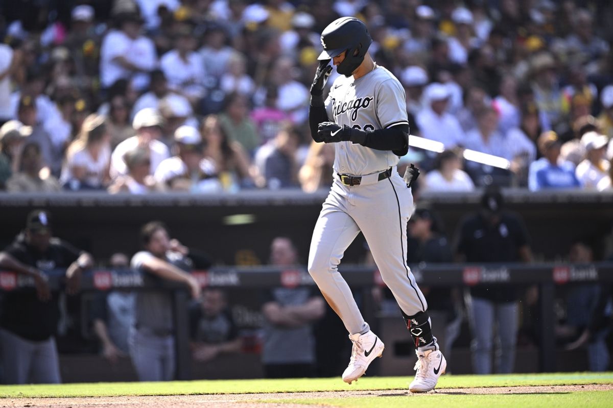 Sep 22, 2024; San Diego, California, USA; Chicago White Sox third baseman Miguel Vargas (20) rounds the bases after hitting a home run against the San Diego Padres during the sixth inning at Petco Park. Mandatory Credit: Orlando Ramirez-Imagn Images