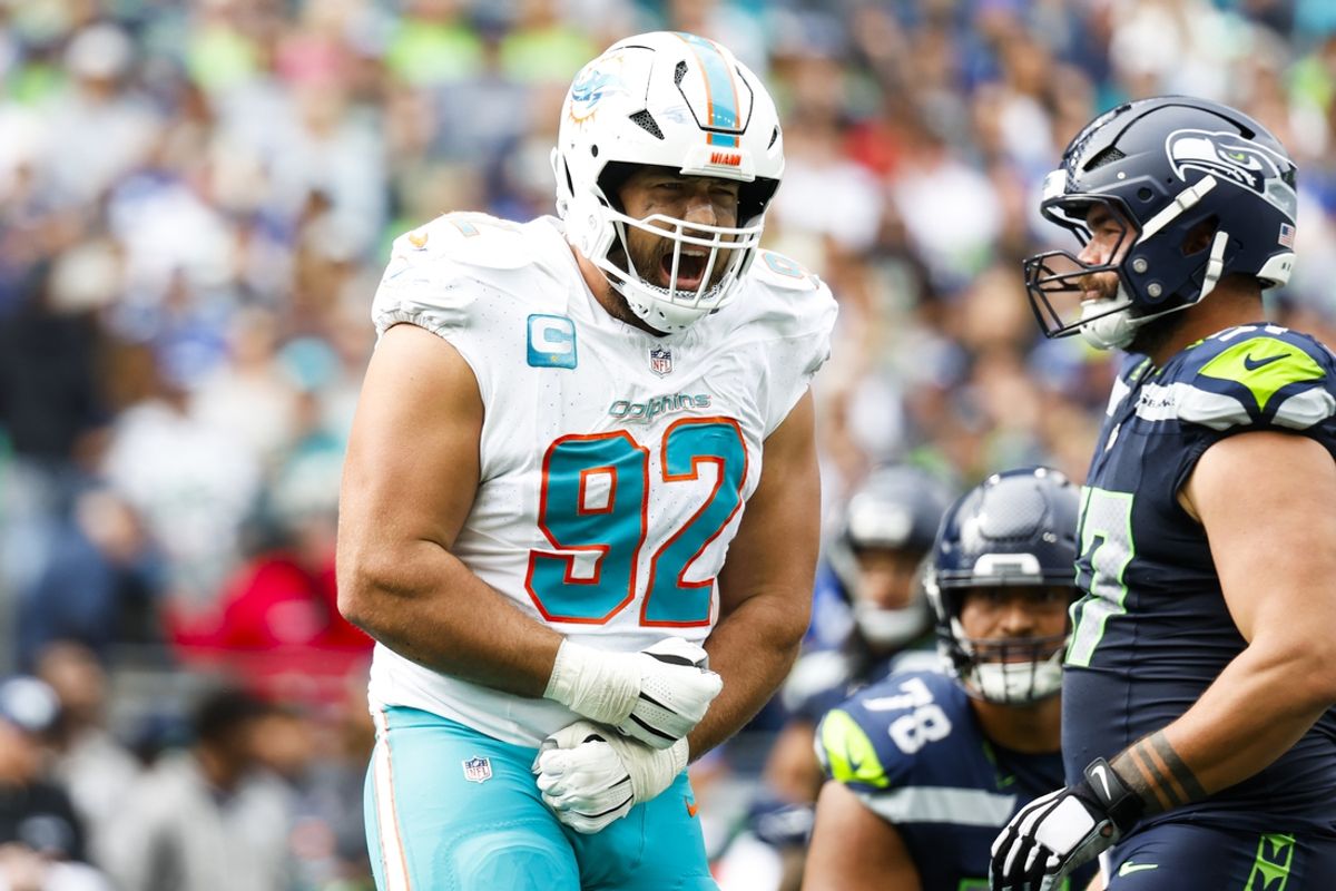 Sep 22, 2024; Seattle, Washington, USA; Miami Dolphins defensive tackle Zach Sieler (92) celebrates following a sack against the Seattle Seahawks during the second quarter at Lumen Field. Mandatory Credit: Joe Nicholson-Imagn Images