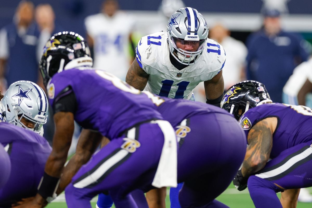 Sep 22, 2024; Arlington, Texas, USA; Dallas Cowboys linebacker Micah Parsons (11) lines up during the fourth quarter against the Baltimore Ravens at AT&T Stadium. Mandatory Credit: Andrew Dieb-Imagn Images