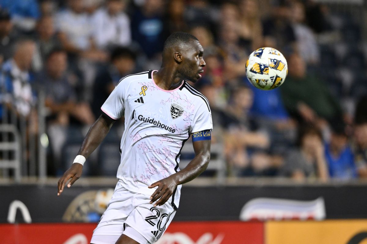 Sep 22, 2024; Philadelphia, Pennsylvania, USA; D.C. United forward Christian Benteke (20) plays the ball in the second half against the Philadelphia Union at Subaru Park. Mandatory Credit: Kyle Ross-Imagn Images