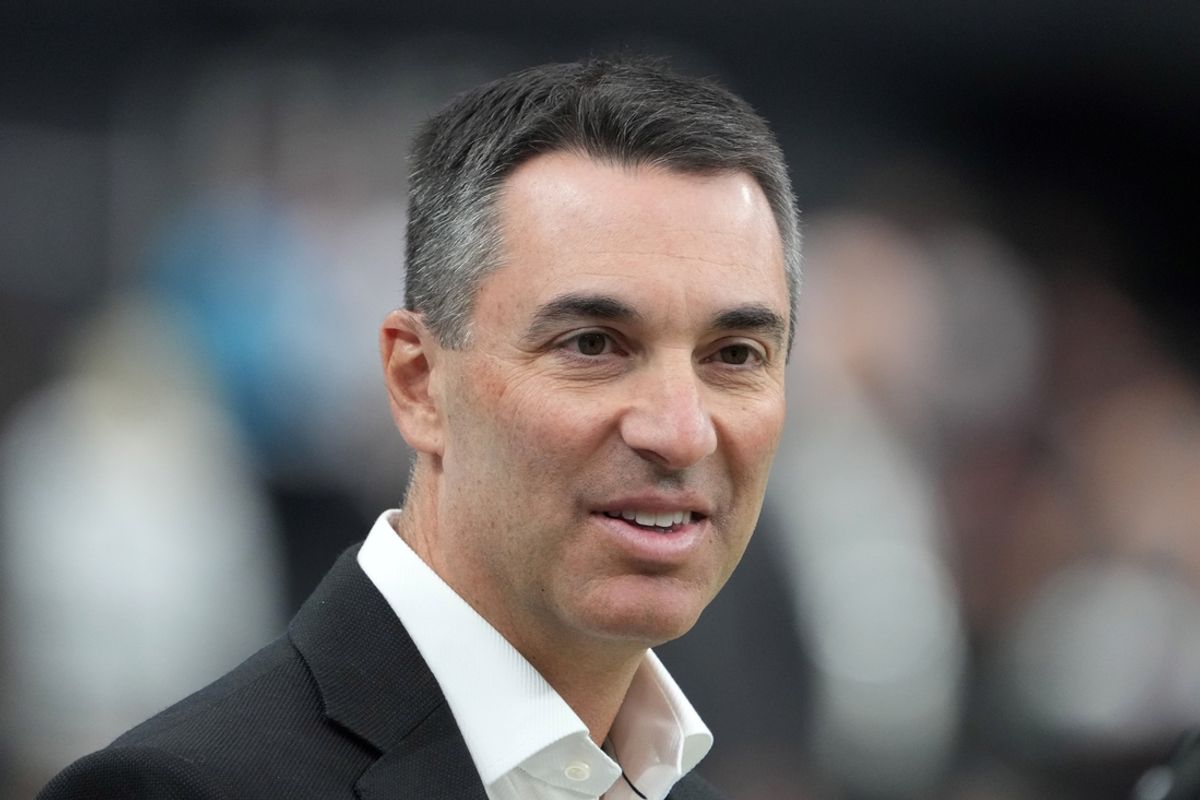 Sep 22, 2024; Paradise, Nevada, USA; Las Vegas Raiders general manager Tom Telesco watches from the sidelines against the Carolina Panthers Allegiant Stadium. Mandatory Credit: Kirby Lee-Imagn Images