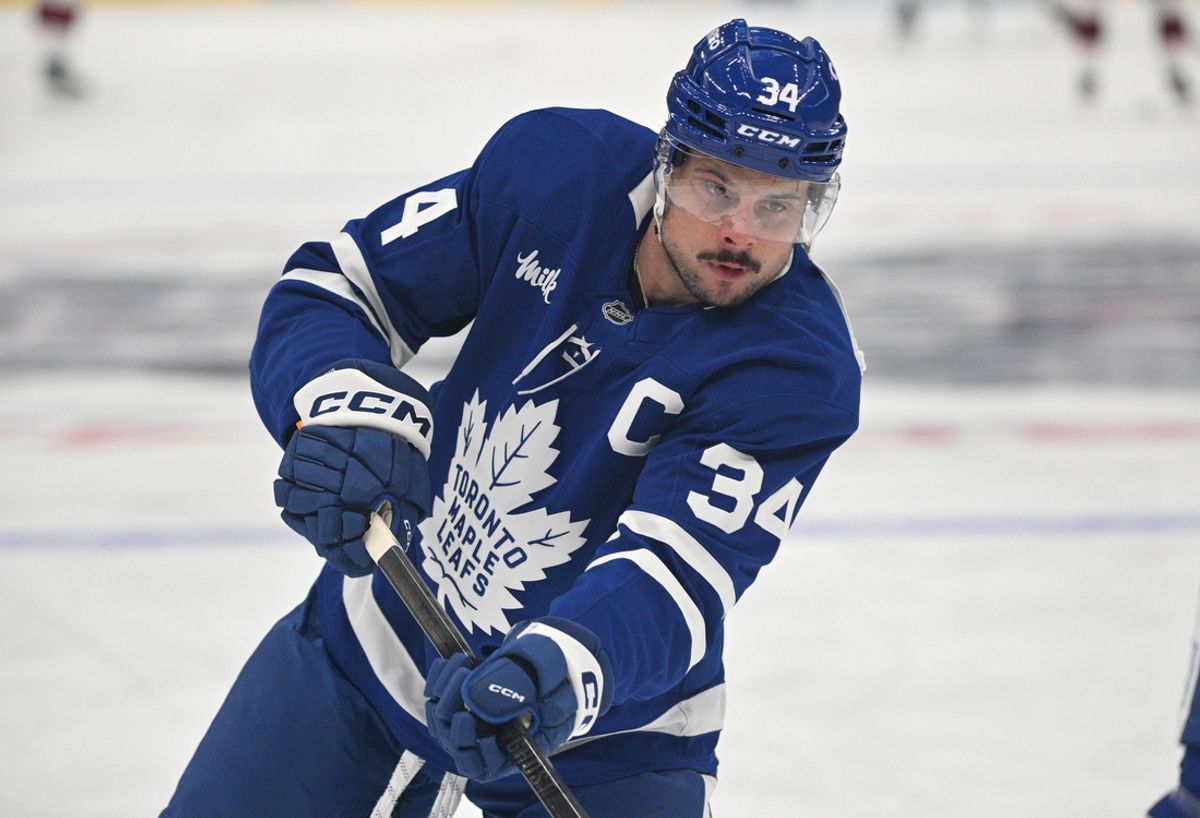 Sep 22, 2024; Toronto, Ontario, CAN;  Toronto Maple Leafs forward Auston Matthews (34) warms up before playing the Ottawa Senators at Scotiabank Arena. Mandatory Credit: Dan Hamilton-Imagn Images
