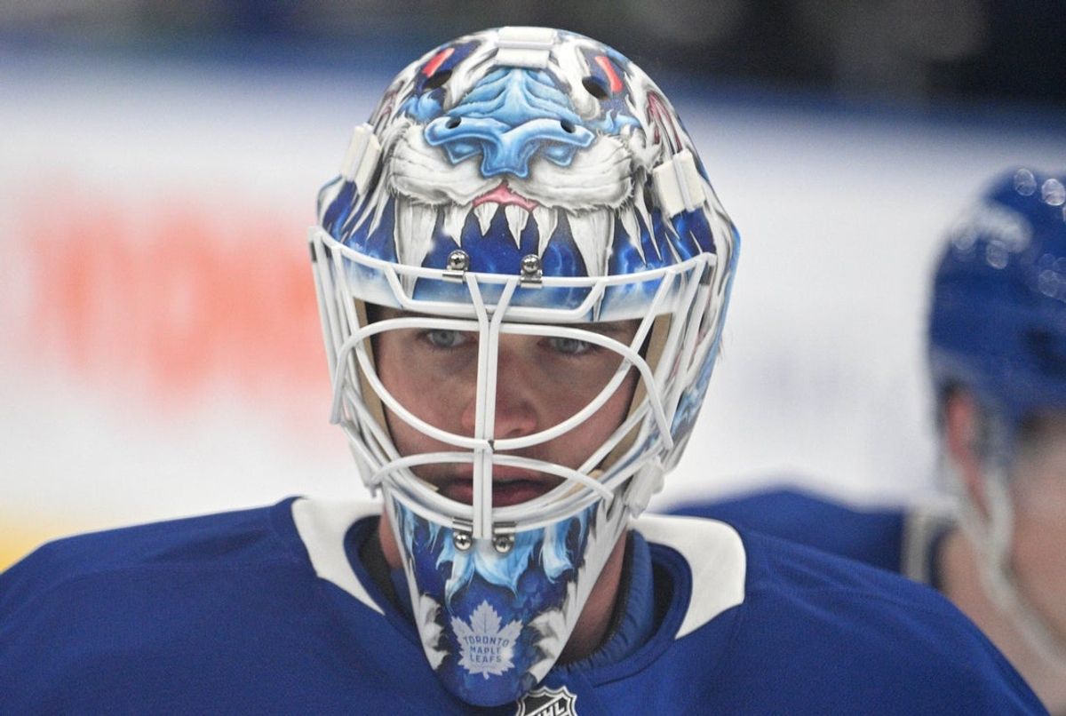 Sep 22, 2024; Toronto, Ontario, CAN;  Toronto Maple Leafs goalie Joseph Woll (60) warms up before playing the Ottawa Senators at Scotiabank Arena. Mandatory Credit: Dan Hamilton-Imagn Images