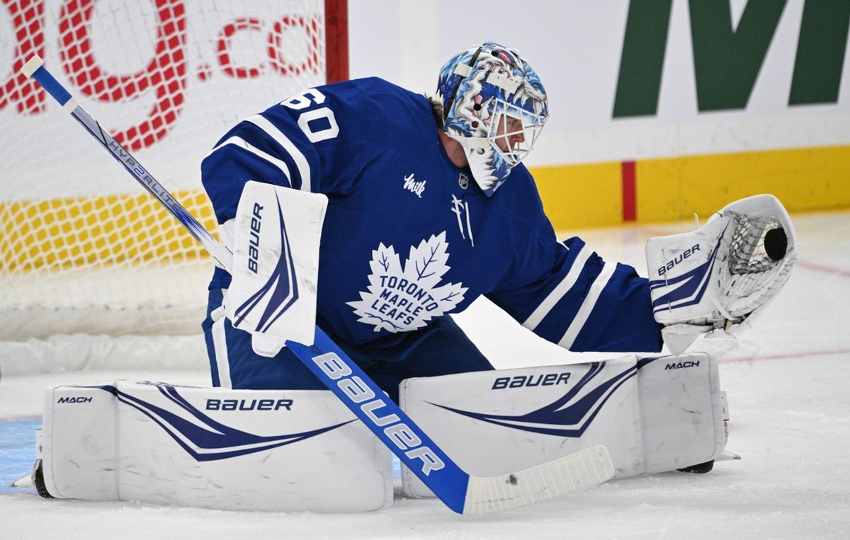 Sep 22, 2024; Toronto, Ontario, CAN;  Toronto Maple Leafs goalie Joseph Woll (60) warms up before playing the Ottawa Senators at Scotiabank Arena. Mandatory Credit: Dan Hamilton-Imagn Images