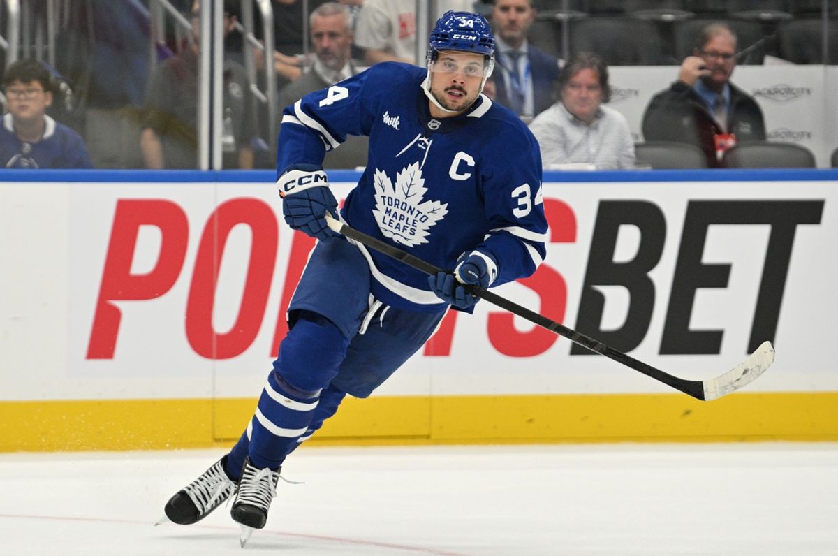 Sep 22, 2024; Toronto, Ontario, CAN;  Toronto Maple Leafs forward Auston Matthews (34) pursues the play against the Ottawa Senators in the second period at Scotiabank Arena. Mandatory Credit: Dan Hamilton-Imagn Images