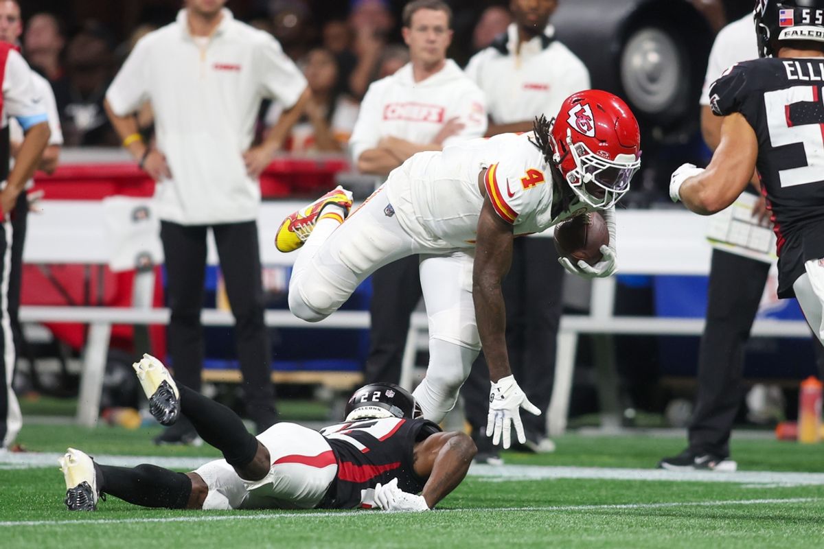 Sep 22, 2024; Atlanta, Georgia, USA; Kansas City Chiefs wide receiver Rashee Rice (4) runs after a catch against the Atlanta Falcons in the second quarter at Mercedes-Benz Stadium. Mandatory Credit: Brett Davis-Imagn Images
