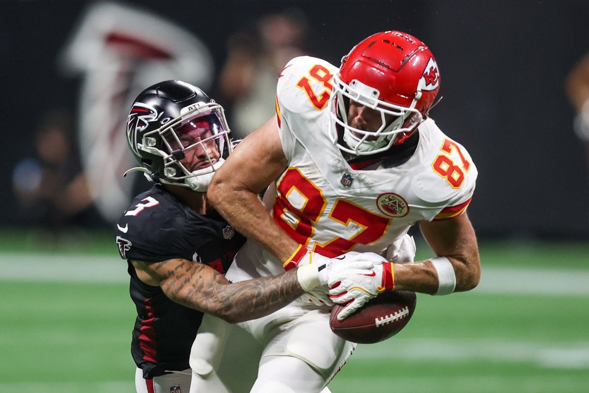 Sep 22, 2024; Atlanta, Georgia, USA; Atlanta Falcons safety Jessie Bates III (3) breaks up a pass intended for Kansas City Chiefs tight end Travis Kelce (87) in the fourth quarter at Mercedes-Benz Stadium. Mandatory Credit: Brett Davis-Imagn Images