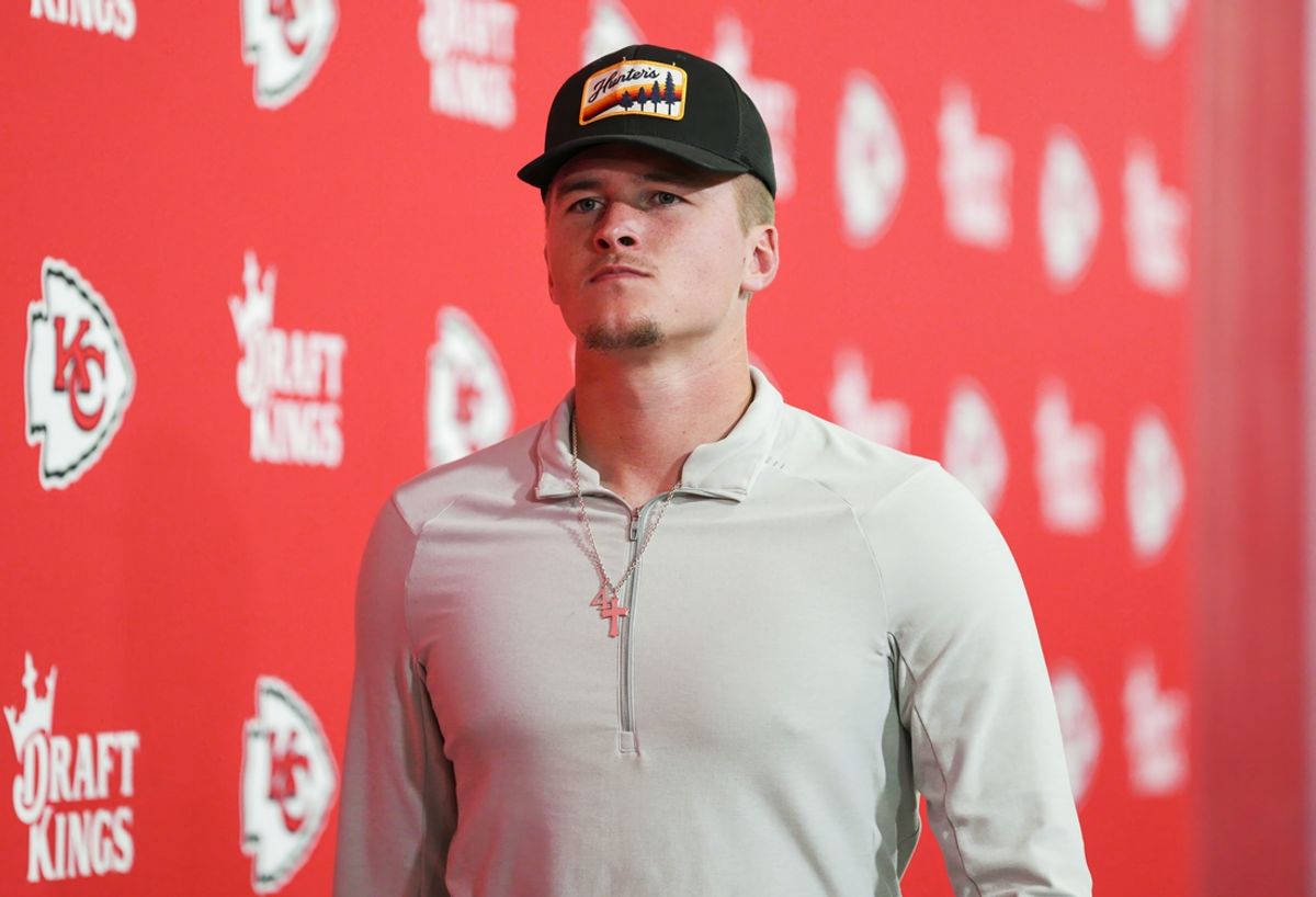 Sep 15, 2024; Kansas City, Missouri, USA; Kansas City Chiefs quarterback Bailey Zappe (19) arrives prior to a game against the Cincinnati Bengals at GEHA Field at Arrowhead Stadium. Mandatory Credit: Jay Biggerstaff-Imagn Images