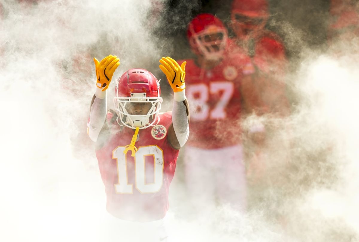 Kansas City Chiefs running back Isiah Pacheco (10) takes the field prior to a game against the Cincinnati Bengals at GEHA Field at Arrowhead Stadium. Mandatory Credit: Jay Biggerstaff-Imagn Images