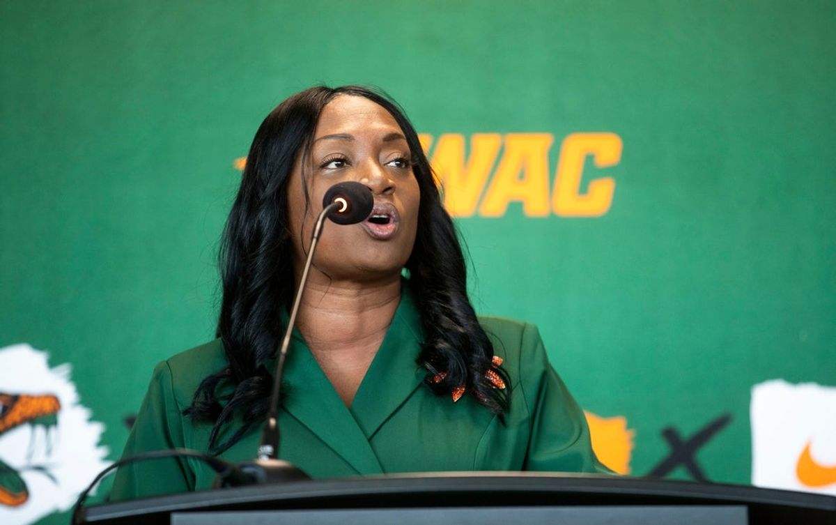 Florida A&M's new Vice President and Director of Athletics Angela Suggs speaks at an introductory press conference Monday, Sept. 23, 2024