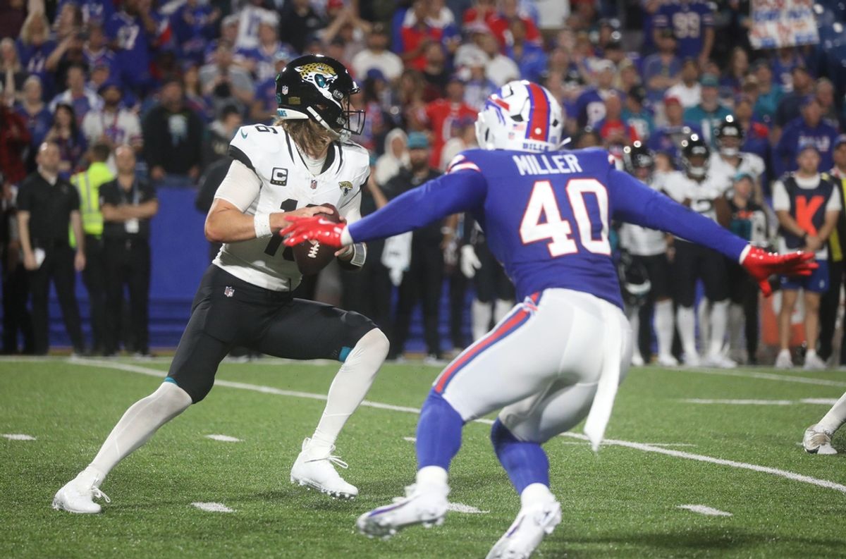 Bills Von Miller heads toward Jaguars quarterback Trevor Lawrence during second half action at Highmark Stadium in Orchard Park on Sept. 23, 2024. Miller had sacked Lawrence in the fourth quarter on a previous play.