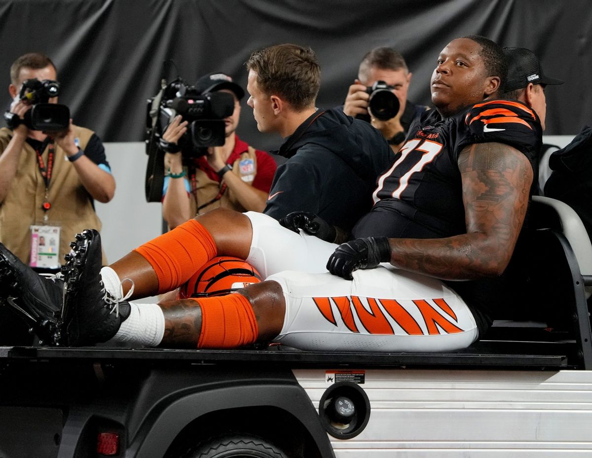 Cincinnati Bengals offensive tackle Trent Brown (77) is taken off the field after an injury Monday, September 23, 2024 at Paycor Stadium.