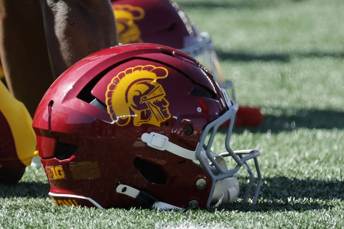 Sep 21, 2024; Ann Arbor, Michigan, USA;  USC Trojans helmet on the sideline during the game against the Michigan Wolverines at Michigan Stadium. Mandatory Credit: Rick Osentoski-Imagn Images