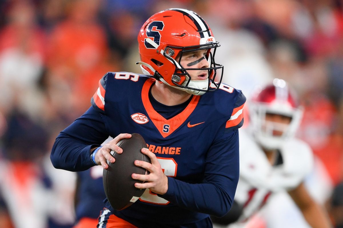 Sep 20, 2024; Syracuse, New York, USA; Syracuse Orange quarterback Kyle McCord (6) looks to pass against the Stanford Cardinal during the first half at the JMA Wireless Dome. Mandatory Credit: Rich Barnes-Imagn Images