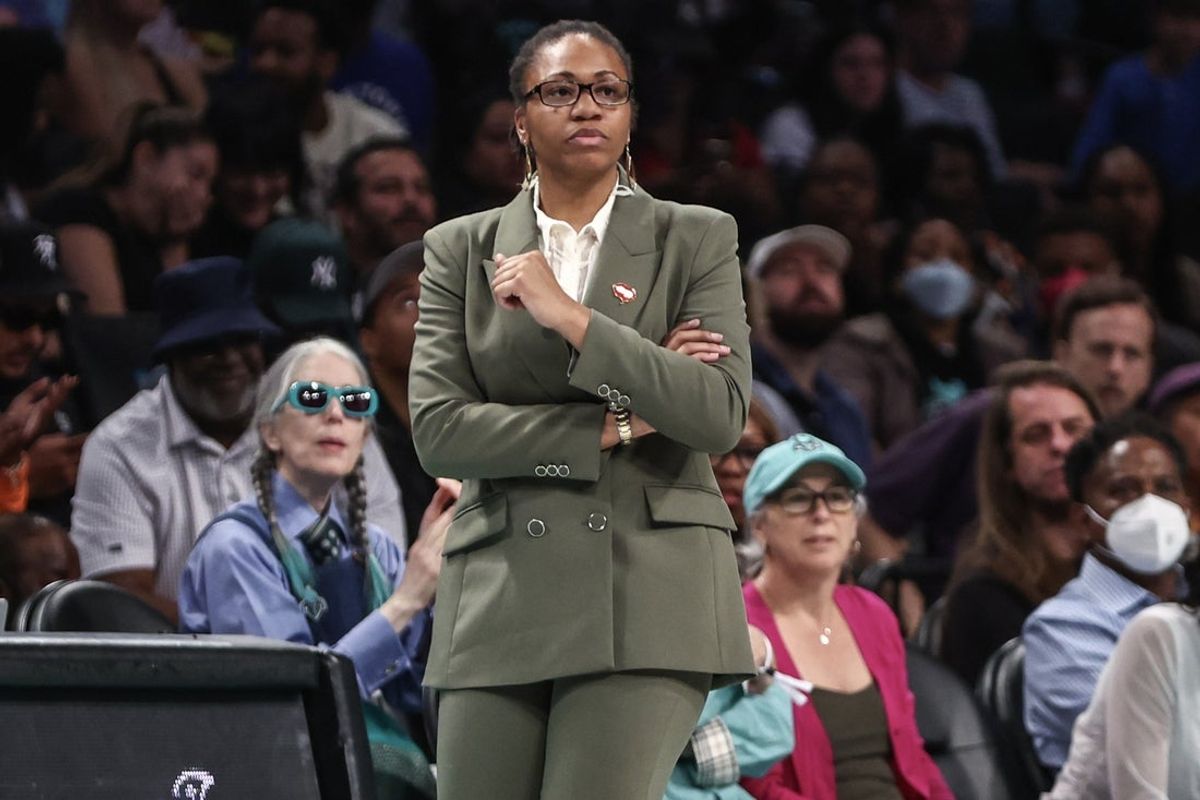 Sep 22, 2024; Brooklyn, New York, USA; Atlanta Dream head coach Tanisha Wright during Game 1 of the first round of the 2024 WNBA Playoffs at Barclays Center. Mandatory Credit: Wendell Cruz-Imagn Images
