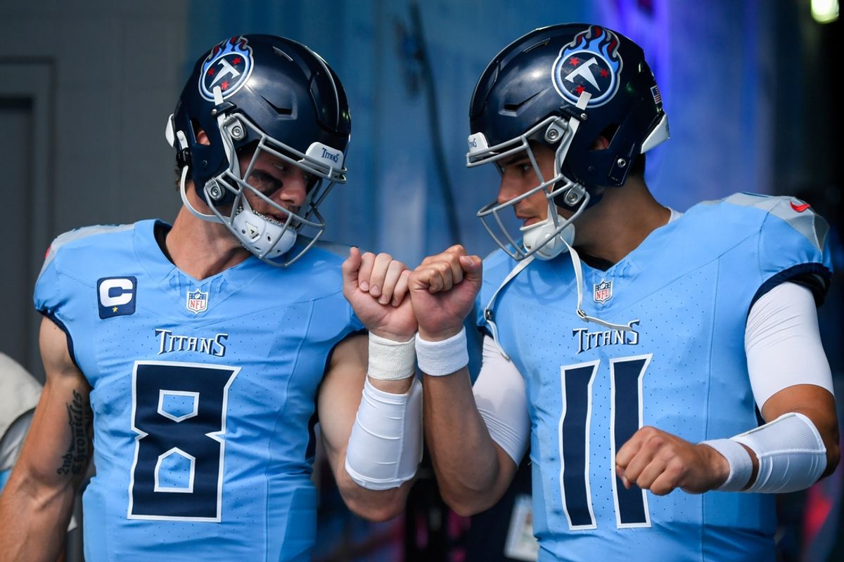 Sep 22, 2024; Nashville, Tennessee, USA;  Tennessee Titans Will Levis (8) and quarterback Mason Rudolph (11) take the fieldagainst the Green Bay Packers during pregame warmups at Nissan Stadium. Mandatory Credit: Steve Roberts-Imagn Images