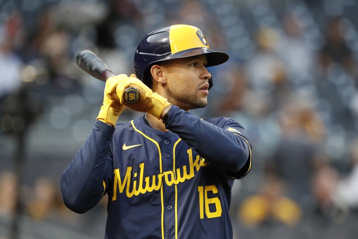 Sep 24, 2024; Pittsburgh, Pennsylvania, USA; Milwaukee Brewers center fielder Blake Perkins (16) in the on-deck circle against the Pittsburgh Pirates during the first inning at PNC Park. Mandatory Credit: Charles LeClaire-Imagn Images