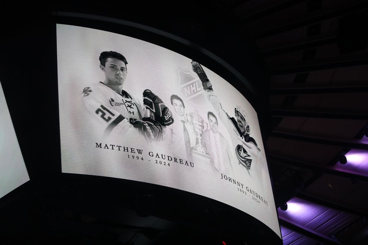 Sep 24, 2024; New York, New York, USA; A tribute to the late Johnny Gaudreau and his brother Matthew Gaudreau is shown on the screen before the first period of a game between the New York Rangers and the New York Islanders at Madison Square Garden. Mandatory Credit: Danny Wild-Imagn Images