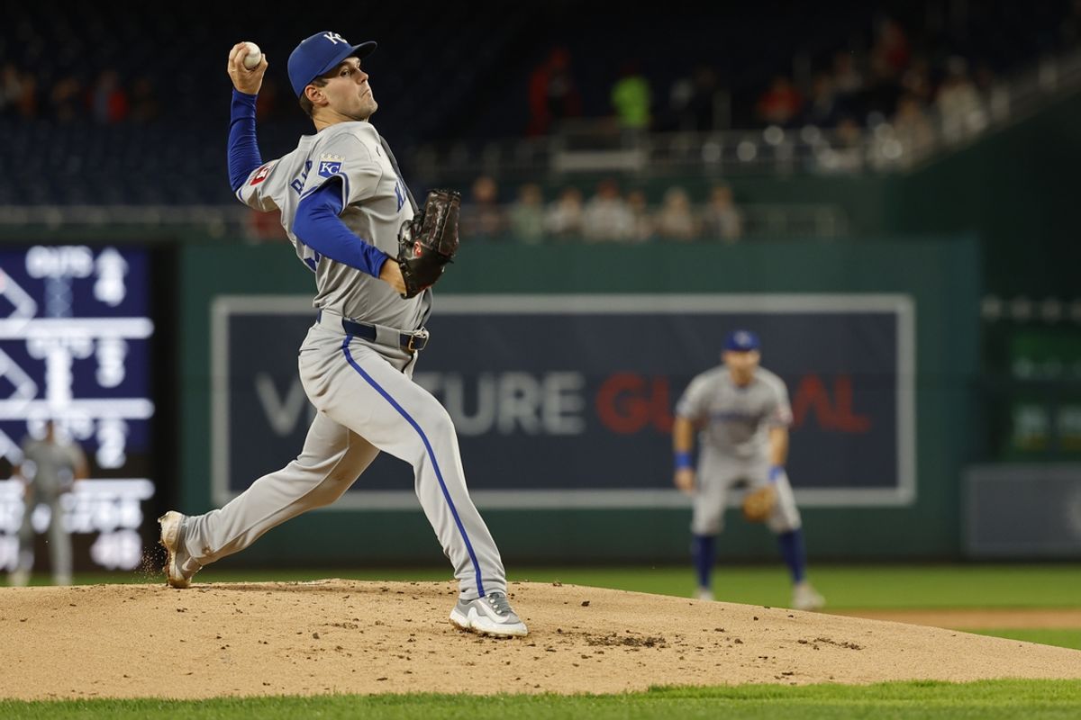 Sep 24, 2024; Washington, District of Columbia, USA; Kansas City Royals starting pitcher Cole Ragans (55) pitches against the Washington Nationals during the first inning at Nationals Park. Mandatory Credit: Geoff Burke-Imagn Images