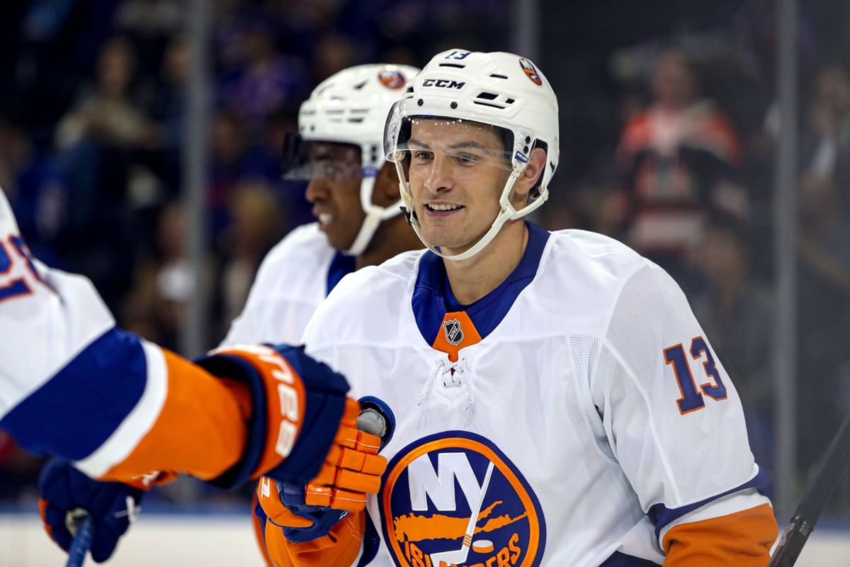 Sep 24, 2024; New York, New York, USA; New York Islanders center Mathew Barzal (13) celebrates his goal during the second period against the New York Rangers at Madison Square Garden. Mandatory Credit: Danny Wild-Imagn Images