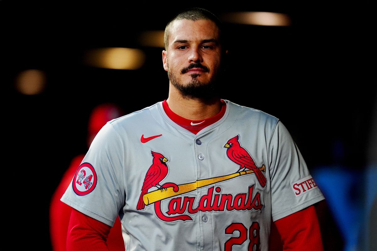Sep 24, 2024; Denver, Colorado, USA; St. Louis Cardinals third baseman Nolan Arenado (28) during the first inning against the Colorado Rockies at Coors Field. Mandatory Credit: Ron Chenoy-Imagn Images