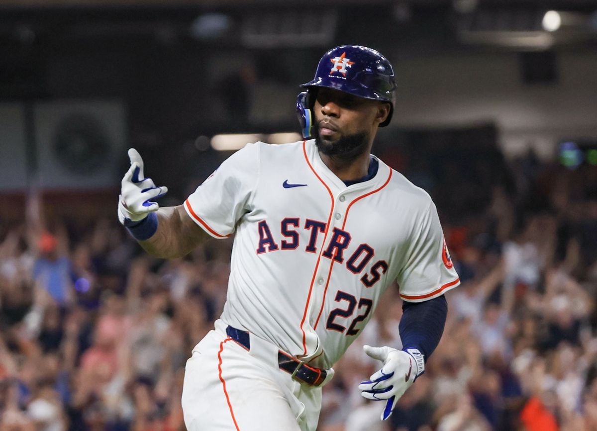 Sep 24, 2024; Houston, Texas, USA; Houston Astros left fielder Jason Heyward (22) reacts after hitting a two run home run against the Seattle Mariners in the fifth inning at Minute Maid Park. Mandatory Credit: Thomas Shea-Imagn Images