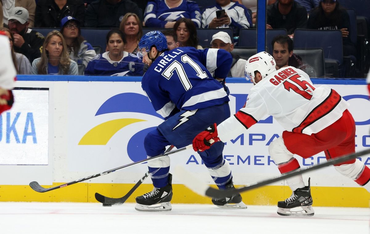 Sep 24, 2024; Tampa, Florida, USA; Tampa Bay Lightning defenseman Victor Hedman (77) skates with the puck against the Carolina Hurricanes during the third period at Amalie Arena. Mandatory Credit: Kim Klement Neitzel-Imagn Images