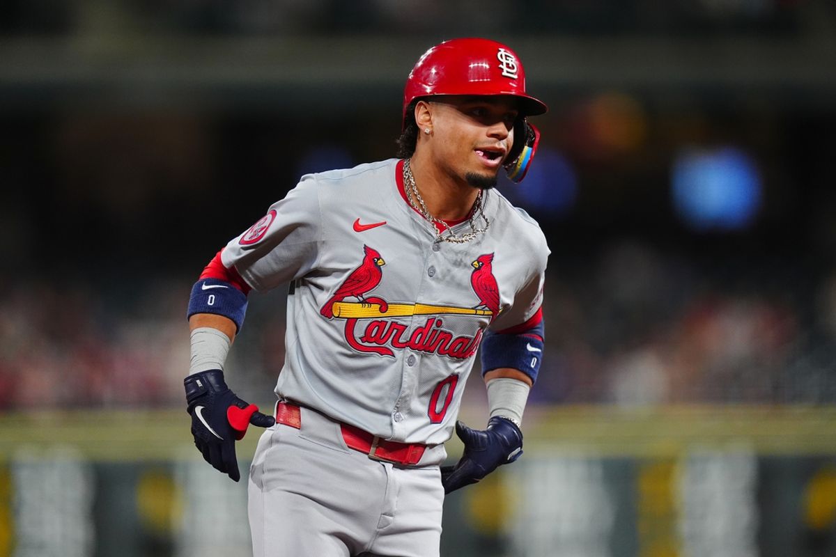 Sep 24, 2024; Denver, Colorado, USA; St. Louis Cardinals shortstop Masyn Winn (0) celebrates his two home run in the third inning against the Colorado Rockies at Coors Field. Mandatory Credit: Ron Chenoy-Imagn Images