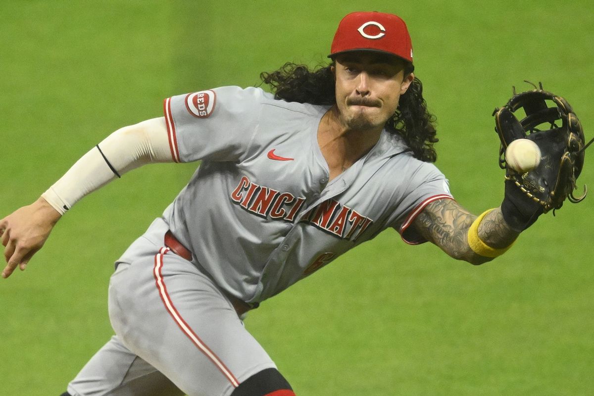Sep 24, 2024; Cleveland, Ohio, USA; Cincinnati Reds second baseman Jonathan India (6) fields a ground ball in the third inning against the Cleveland Guardians at Progressive Field. Mandatory Credit: David Richard-Imagn Images