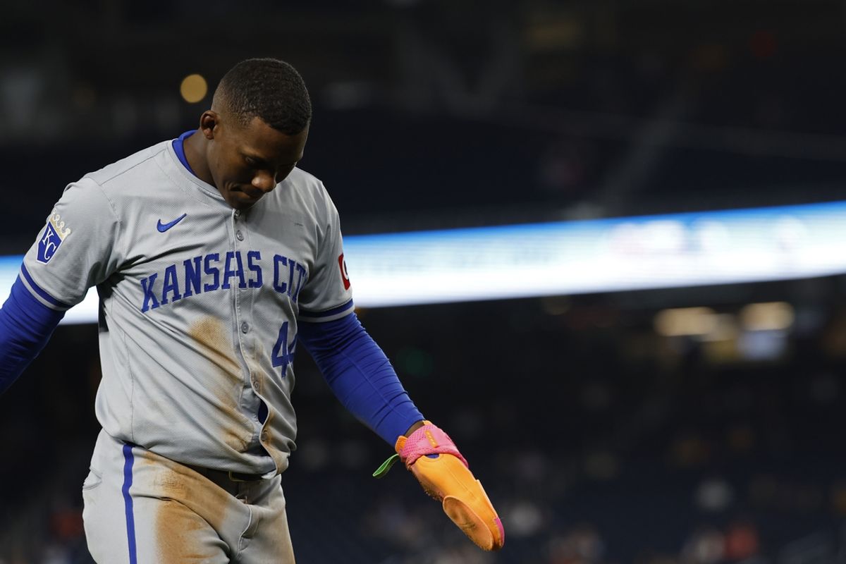Sep 24, 2024; Washington, District of Columbia, USA; Kansas City Royals outfielder Dairon Blanco (44) walks back to the dugout after being caught attempting to steal second base against the Washington Nationals during the sixth inning at Nationals Park. Mandatory Credit: Geoff Burke-Imagn Images