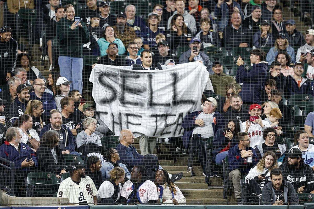 Sep 24, 2024; Chicago, Illinois, USA; A spectator holds Sell The Team banner during the eighth inning of a baseball game between the Chicago White Sox and Los Angeles Angels at Guaranteed Rate Field. Mandatory Credit: Kamil Krzaczynski-Imagn Images