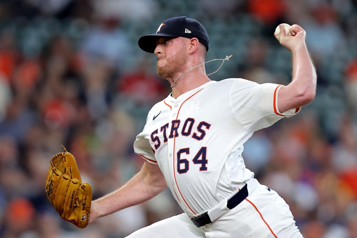 Sep 25, 2024; Houston, Texas, USA; Houston Astros relief pitcher Caleb Ferguson (64) delivers a pitch against the Seattle Mariners during the eighth inning at Minute Maid Park. Mandatory Credit: Erik Williams-Imagn Images
