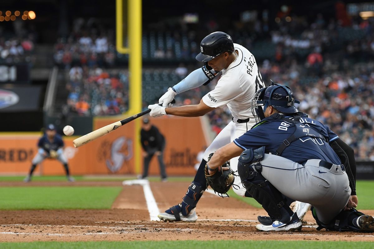 Sep 25, 2024; Detroit, Michigan, USA;  Detroit Tigers right fielder Wenceel Pérez (46) hits an RBI single against the Tampa Bay Rays in the first inning at Comerica Park. Mandatory Credit: Lon Horwedel-Imagn Images