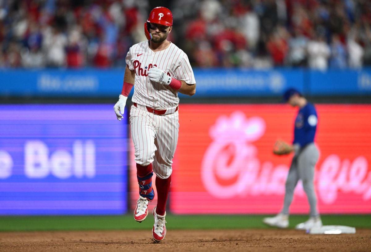 Sep 25, 2024; Philadelphia, Pennsylvania, USA; Philadelphia Phillies infielder Kody Clemens (2) rounds the bases after hitting a home run against the Chicago Cubs in the fourth inning at Citizens Bank Park. Mandatory Credit: Kyle Ross-Imagn Images